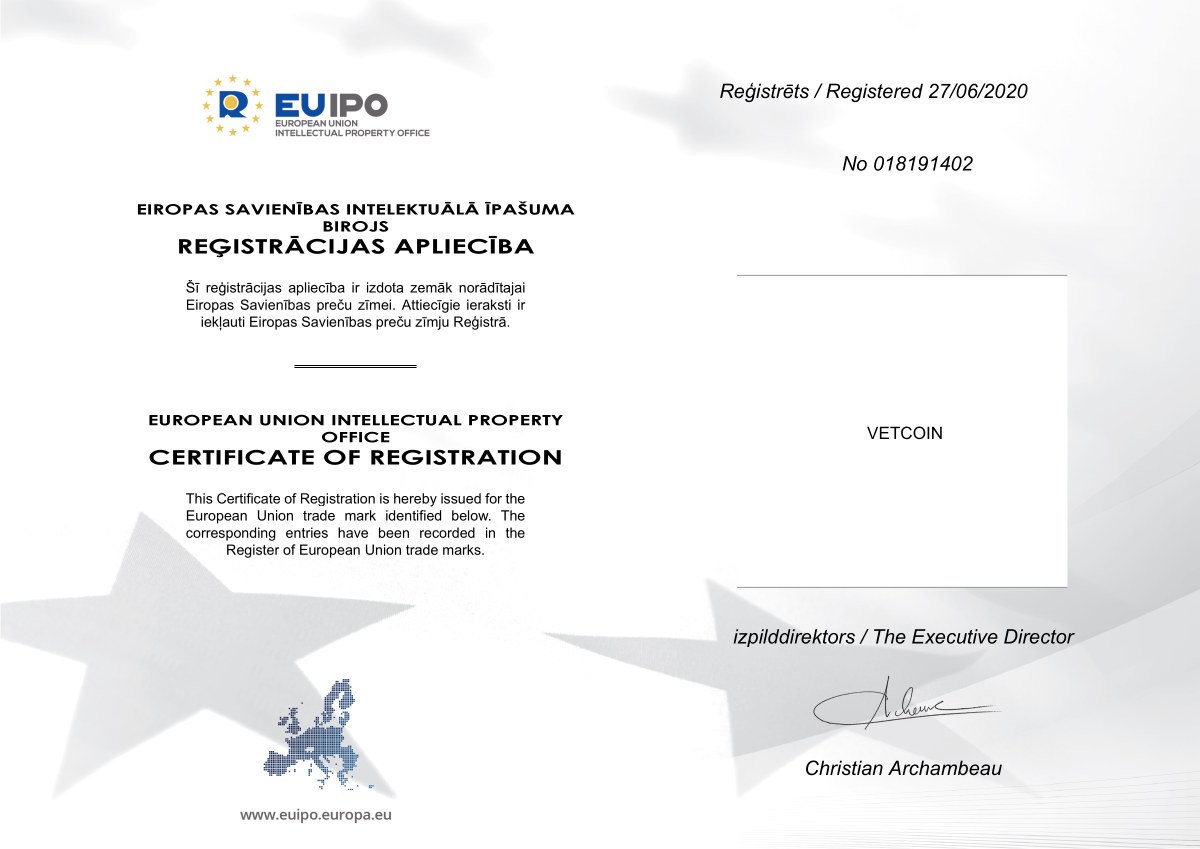 EUIPO certificate of registration for the VETCOIN trade mark, No 018191402